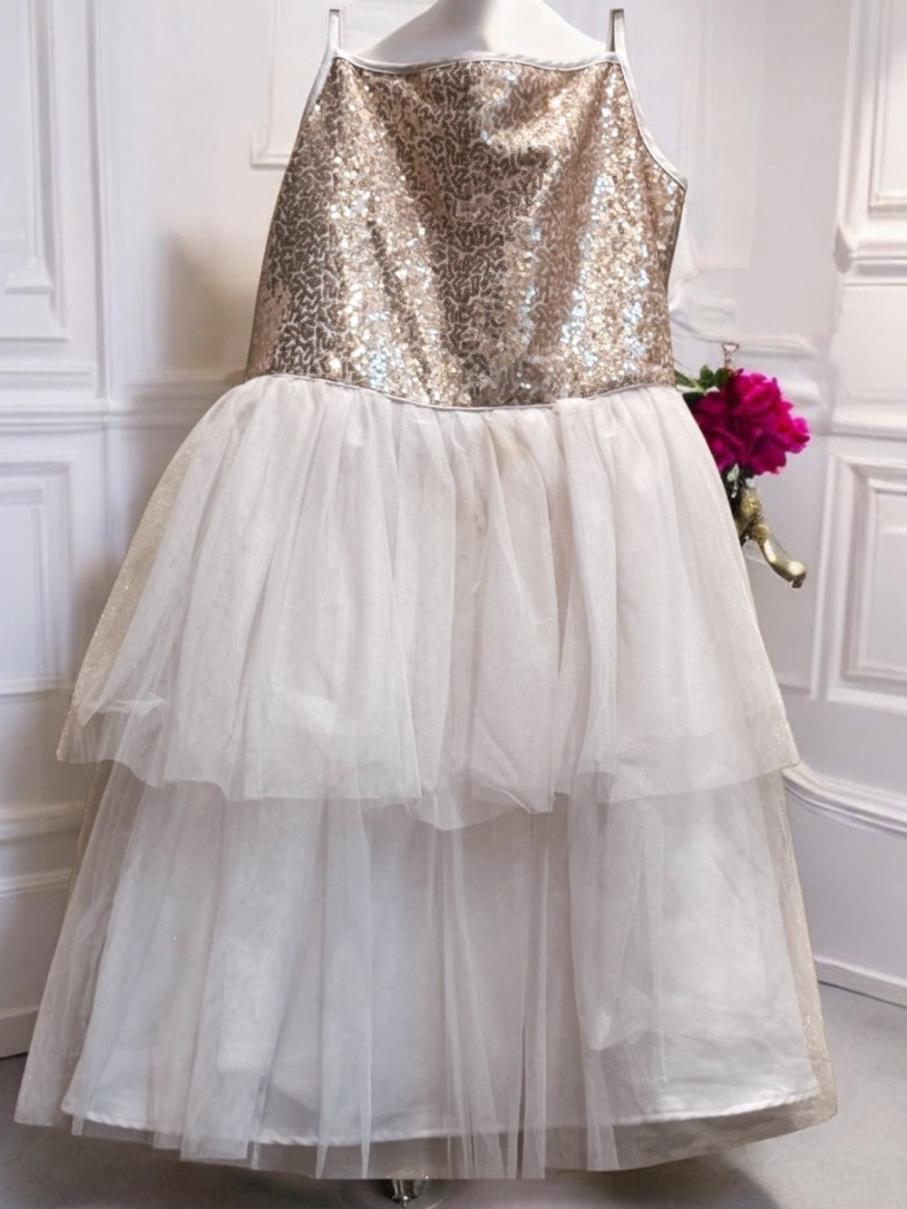 Sparkling Gold and Cream Tulle Party Dress for Girls